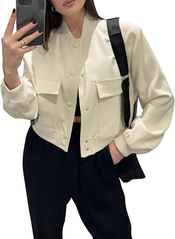 Fisoew Womens Cropped Bomber Jackets Casual Button Down Long Sleeve Stand Collar Coats with Pocke... | Amazon (US)
