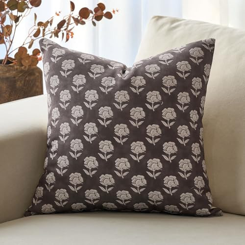 DOMVITUS Floral Pillow Covers 20x20 Throw Pillow Covers Decorative Farmhouse Block Floral Print Vintage Pillow Cover for Living Room Couch Bed, Dark Brown, 1PC | Amazon (US)