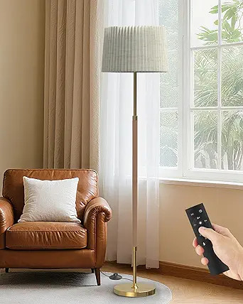 JOOFO Mid-Century Modern Wood Floor Lamp with Dual Fabric Shade, Remote Control, Dimmable & Adjus... | Amazon (US)
