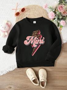 1pc Girls' Casual Leopard Pattern Letter & Lightning Printed Fleece Lined Round Neck Sweatshirt F... | SHEIN