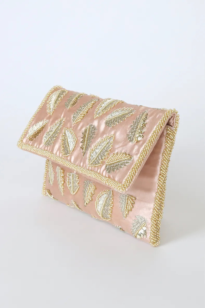 Leaf Your Mark Blush Satin Embroidered Clutch | Lulus (US)