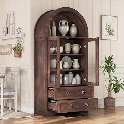 Kitchen Pantry Cabinet, Arched Bookshelf Bookcase China Pantry Storage Cabinet with Drawers Doors... | Amazon (US)