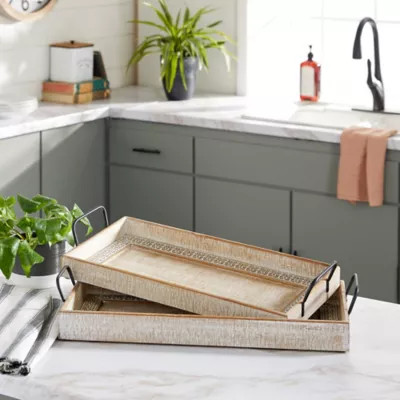 Harper & Willow Rectangular Wood Tray with Black Metal Handles and Carved Pattern Bordered Inlay, 2 pc. | Tractor Supply
