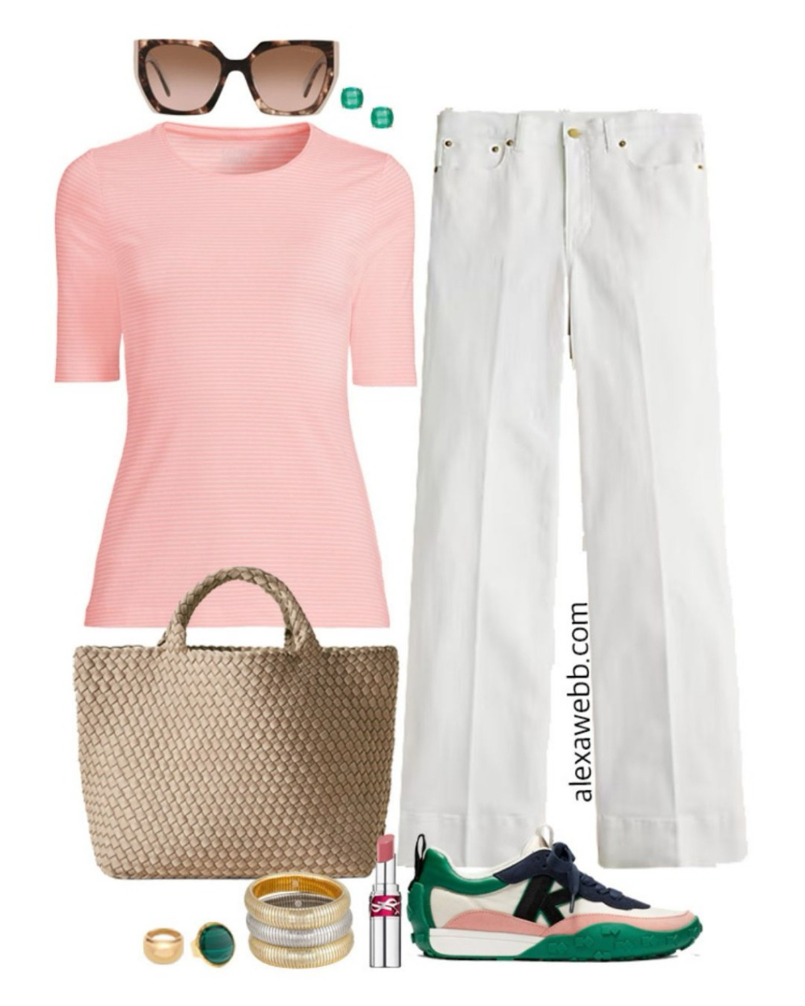 Plus Size Preppy White Jeans Outfits - A plus size preppy casual outfit for spring. A plus size peach striped tee, white trouser jeans, and Kate Spade sneakers. Alexa Webb #plussize

#LTKPlusSize #LTKStyleTip #LTKOver40