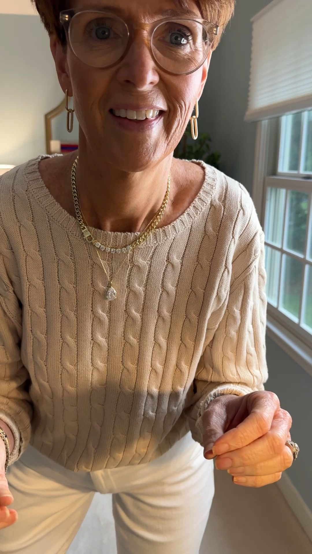 This is absolutely classic style! A neutral color crewneck cable knit sweater. Super soft and a great weight. Works well worn as a sweater alone or layered over another shirt. Also works well draped over my shoulders.
Wearing a medium. 

#LTKFindsUnder50 #LTKOver40 #LTKxPrimeDay