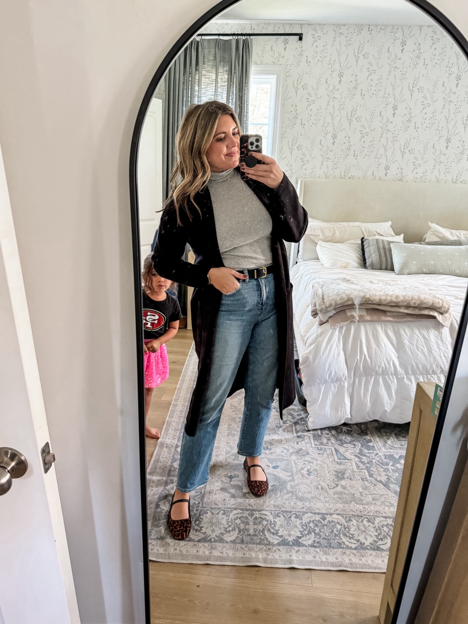 Outfit of the day! Madewell items are 30% off! Madewell jeans tts, leopard flats tts, gray ribbed turtleneck from everlane tts, Amazon cardigan- size up. 

#LTKsalealert #LTKHolidaySale #LTKfindsunder100