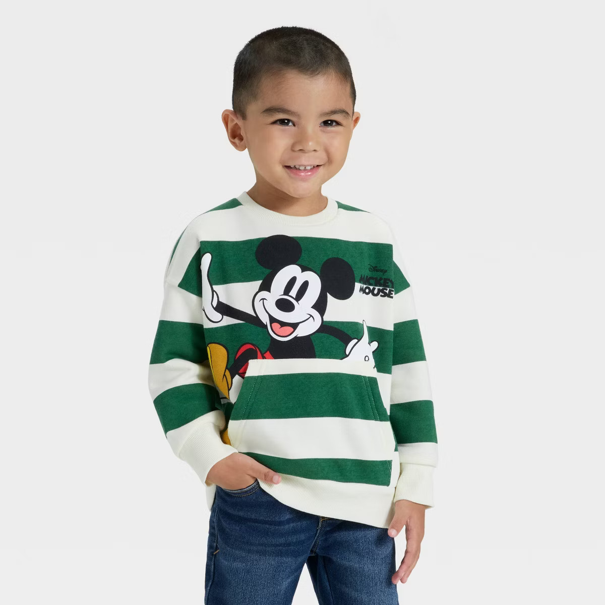 Toddler Boys' Disney Mickey Mouse Striped Fleece Pullover - Green | Target
