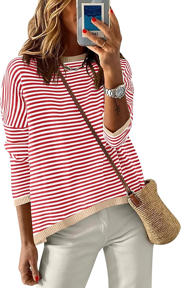 ANRABESS Womens Sweaters Striped Color Block Long Sleeve Crewneck Casual Loose Knitted Pullover S... | Amazon (US)