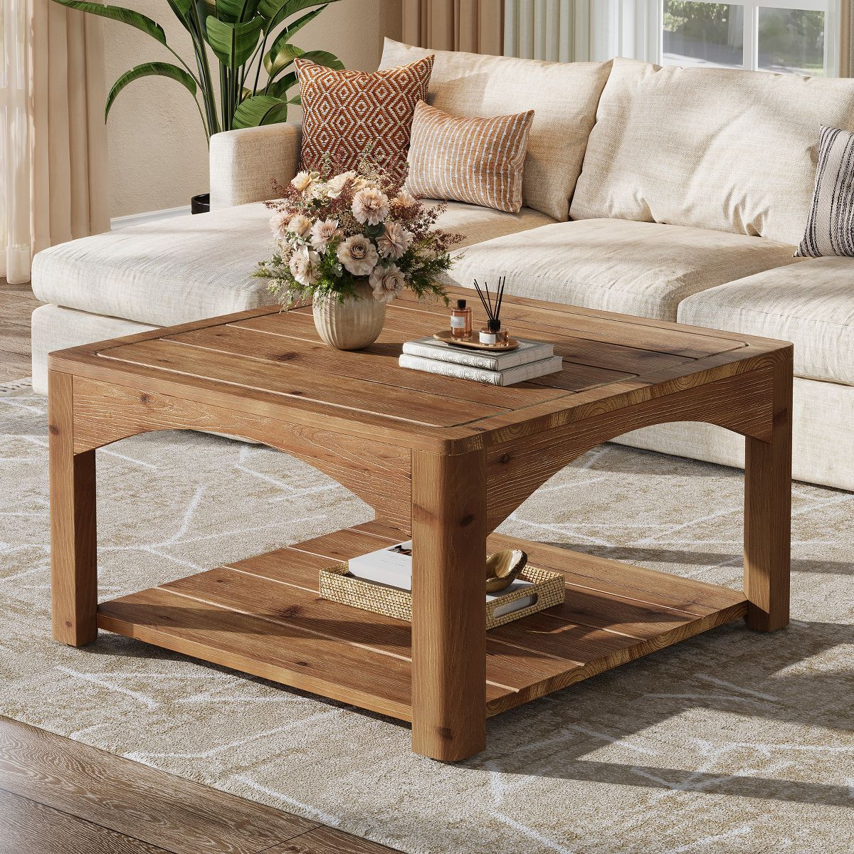 Lantine Square Coffee Table, 31.5" Solid Wood Coffee Table, 2-Tier Center Table for Living Room, ... | Target