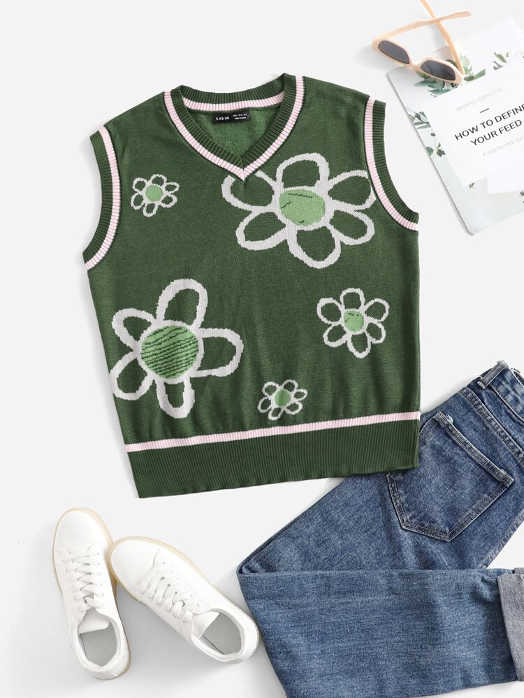 SHEIN Floral Pattern Colorblock Sweater Vest | SHEIN