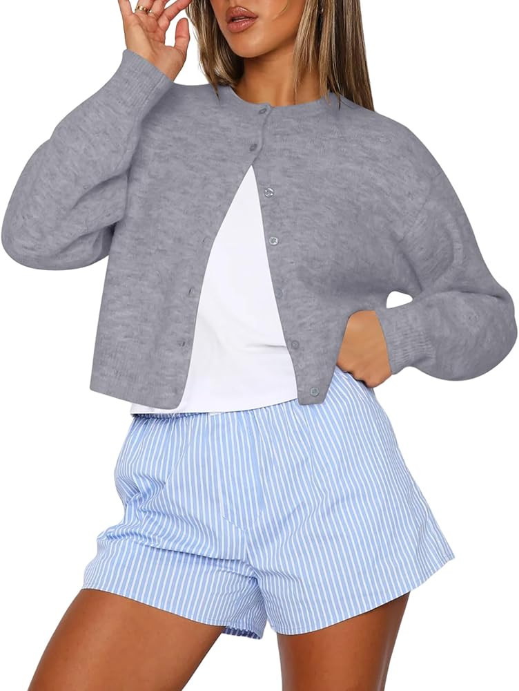 Kistore Womens Cropped Cardigan Sweaters Crew Neck Long Sleeve Button Up Sweaters Lightweight Kni... | Amazon (US)