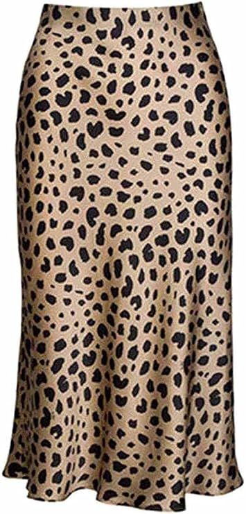 Leopard Skirt for Women Midi Length High Waist Silk Satin Elasticized Cheetah Skirts | Amazon (US)