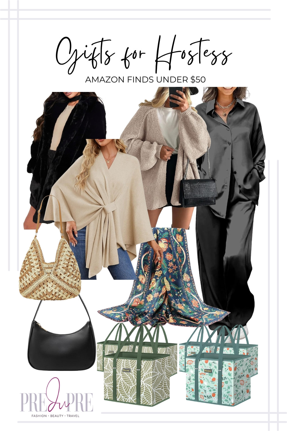 Need a fabulous gift for the hostess who has everything? Treat her to some inspired fashion and accessories! This collection features cozy, stylish pieces like a plush teddy cardigan, an elegant satin pajamas set, and a chic winter poncho. We also included a beautiful scarf, structured handbags, and versatile grocery totes. These are Amazon finds, all under $50, making them high-quality, budget-friendly gifts that show your appreciation beautifully. Shop this curated selection of hostess gifts now!

#hostessgift #giftideas #amazonfinds #under50 #fashiongifts #cozycardigan #satinpajamas #holidaygifts #preduprestyle #affordablegifts 

 #LTKSeasonal #LTKFindsUnder50 #LTKStyleTip