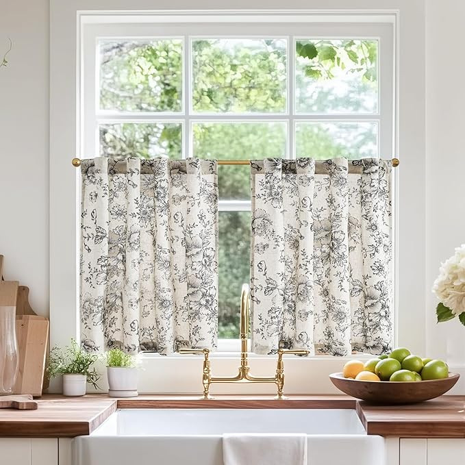 jinchan Linen Floral Tier Curtains 24 Inch Farmhouse Botanic Cafe Curtains Light Filtering Drapes... | Amazon (US)