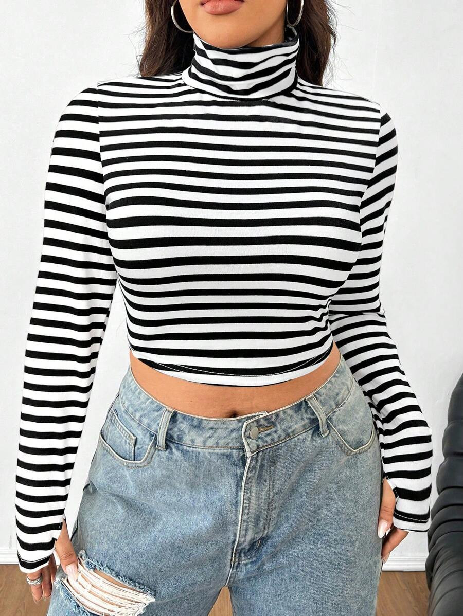 SHEIN EZwear Plus Size Casual Knitted Fabric Crop T-Shirt: Stylish High Neck, Long Sleeve, And Cl... | SHEIN