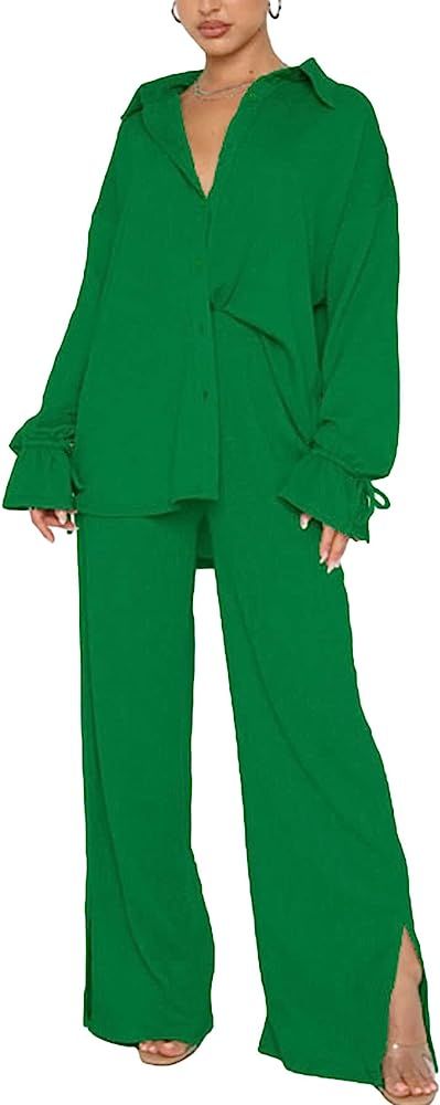 LYANER Women's 2 Piece Outfits Button Down Long Sleeve Shirt and Wide Leg Pants Set | Amazon (US)