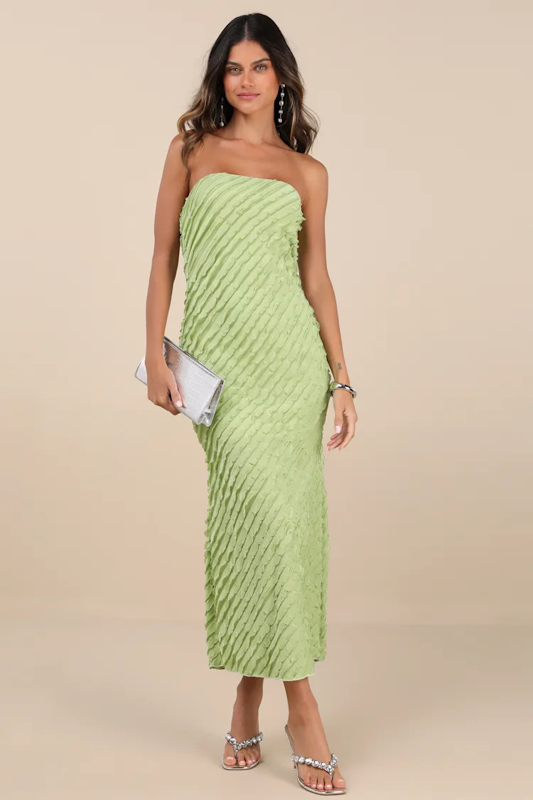 Faelyn Light Green Strapless Ruffled Midi Dress | Lulus