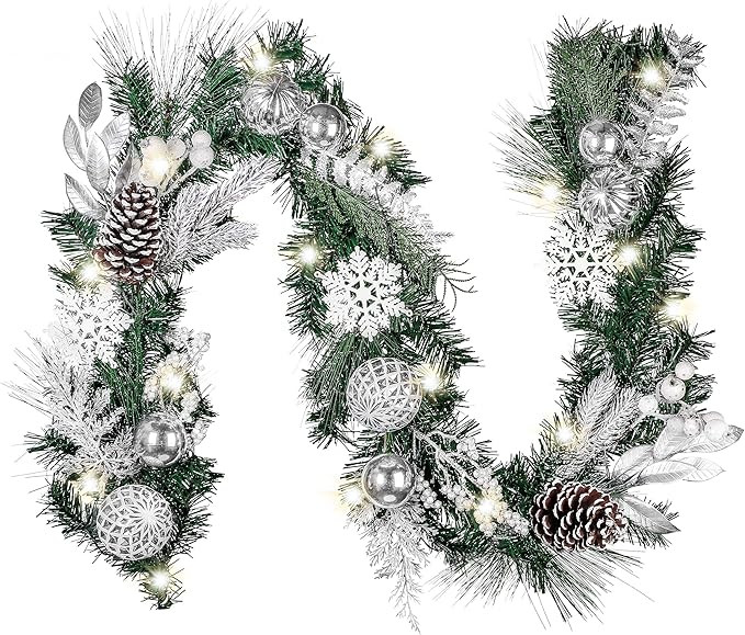Valery Madelyn 6 Feet/183cm Pre-Lit Christmas Garland for Mantel, Frozen Winter Silver White Garl... | Amazon (UK)