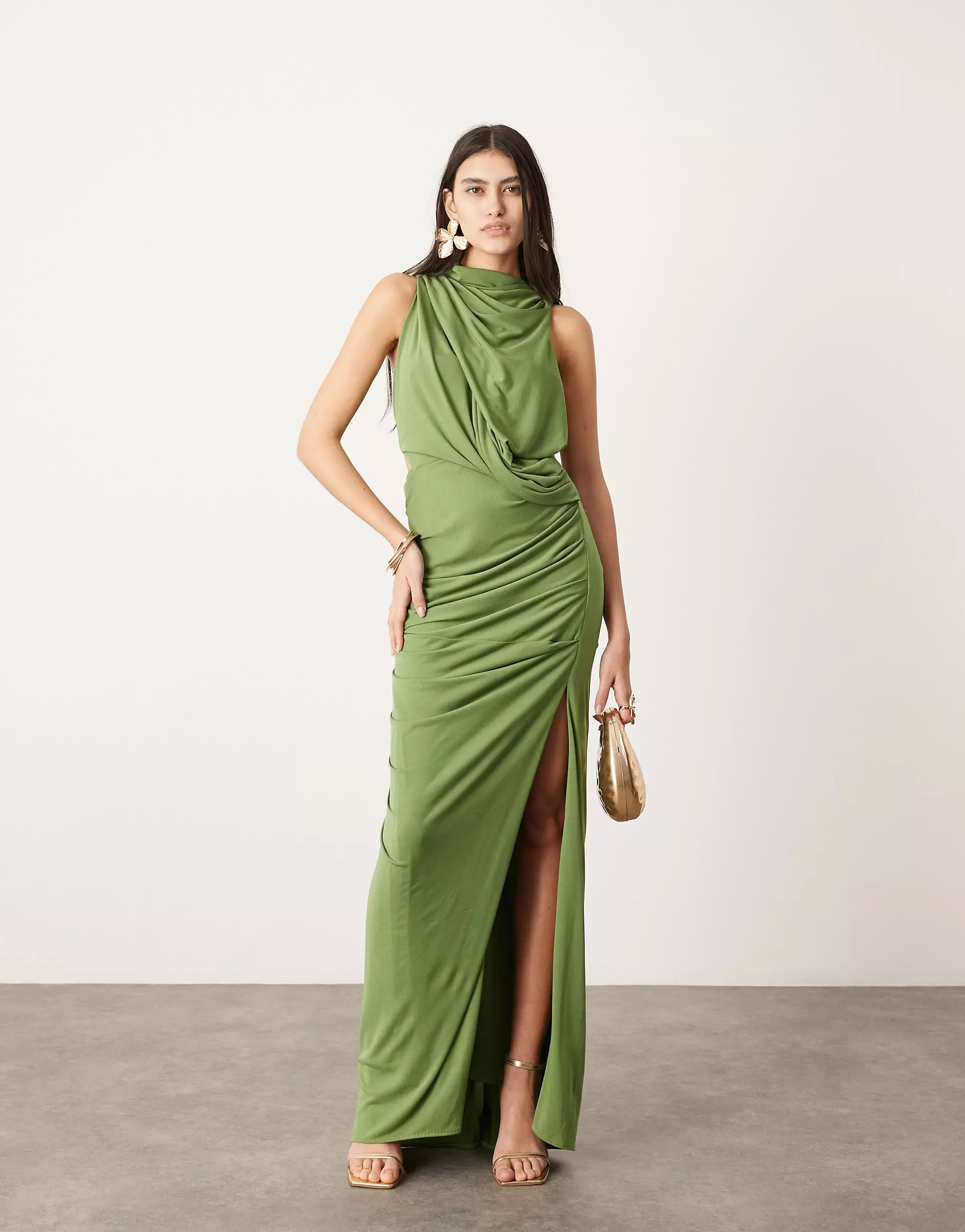 ASOS EDITION sleeveless drape detail maxi dress with plate trim in green | ASOS | ASOS (Global)