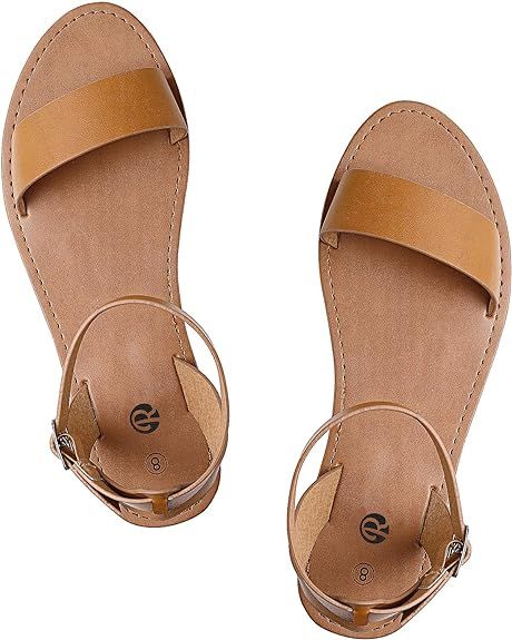 Rekayla Flat Faux Leather Ankle Strap and Adjustable Buckle Sandals for Women | Amazon (US)