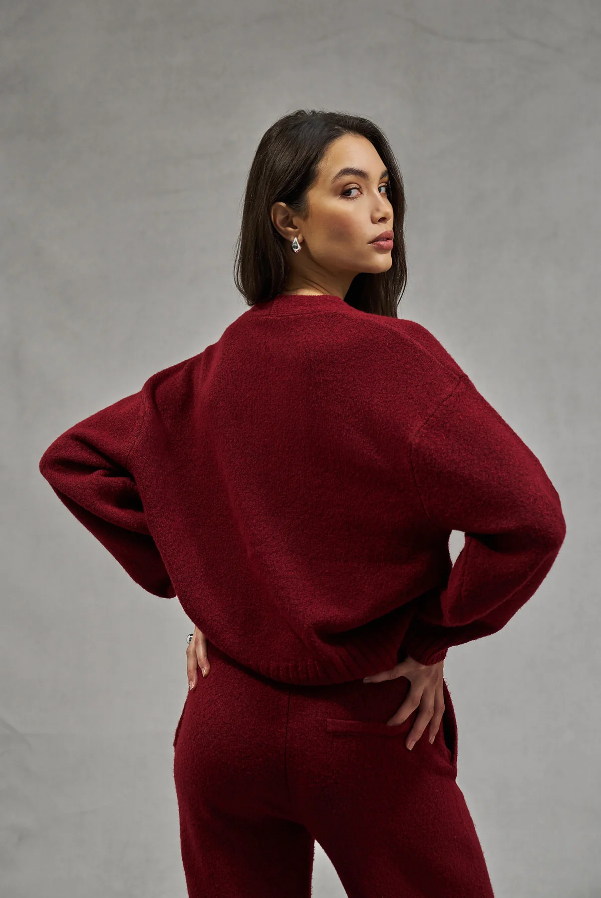FLUFFY KNIT EMBLEM EMBROIDERED CARDIGAN - BURGUNDY | The Couture Club