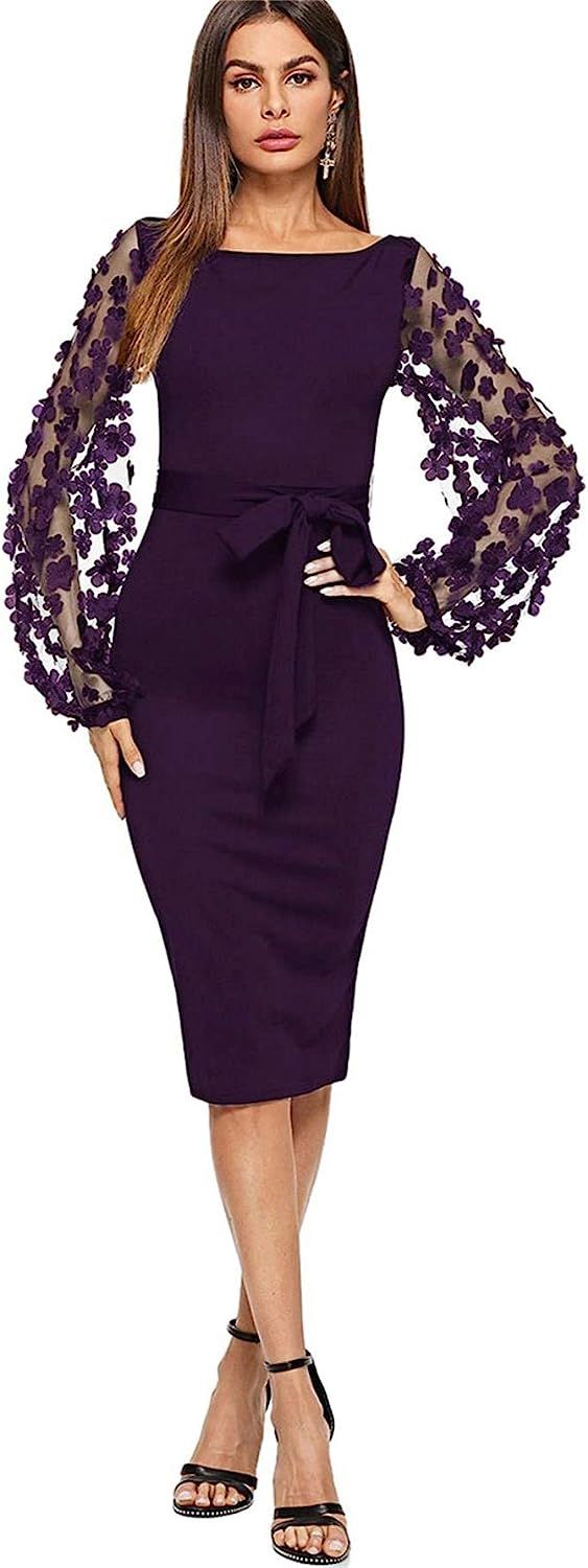 SheIn Women's Elegant Mesh Contrast Bishop Sleeve Bodycon Pencil Dress | Amazon (US)