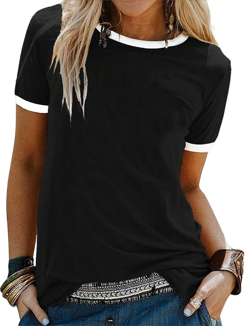 Remidoo Womens Crew Neck Tops Contrast Binding Short Sleeve T Shirt Summer Tee | Amazon (US)