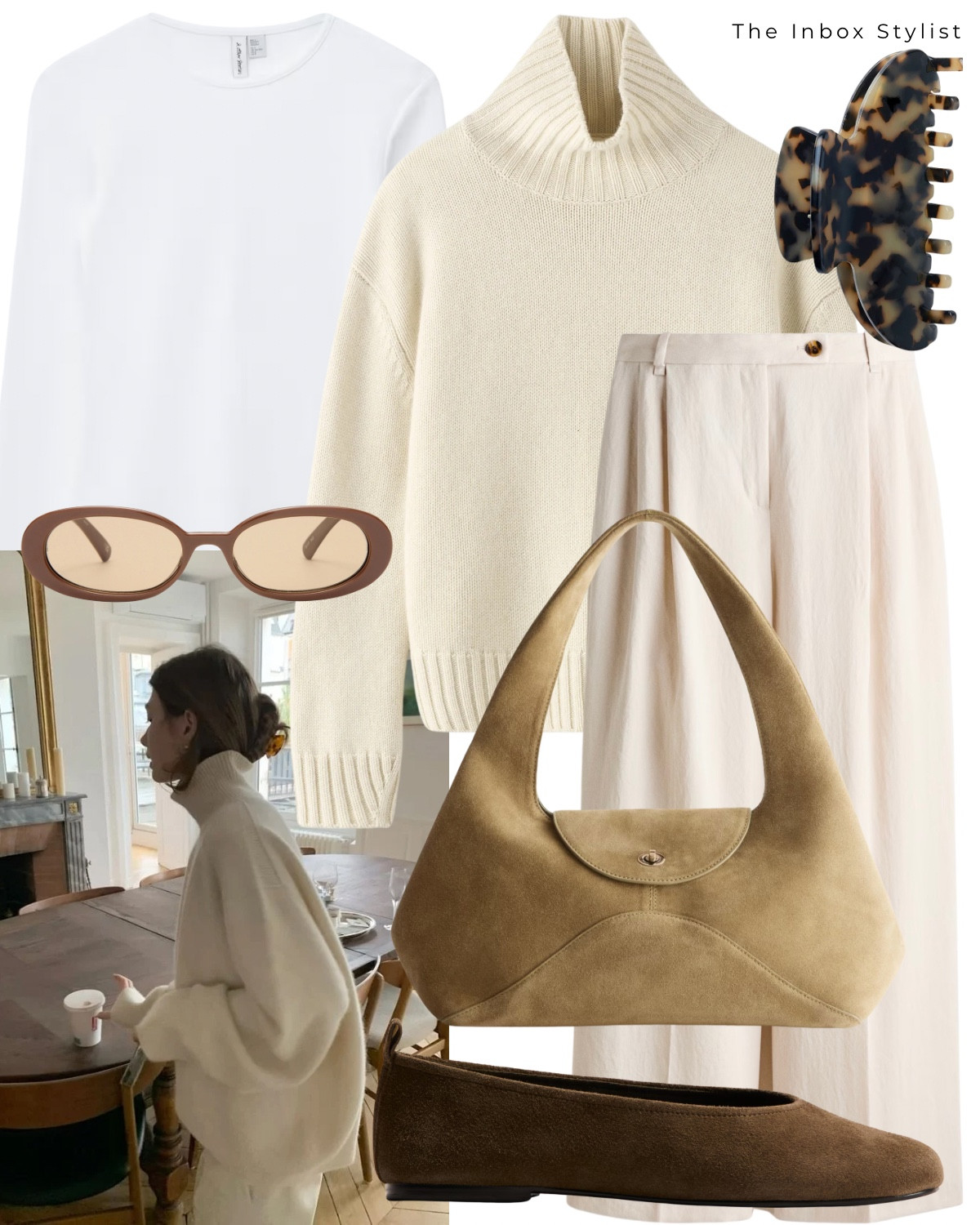 Head to toe creams and whites = an easy Sunday outfit. 

Including cream funnel neck knit jumper, white long sleeve top, cream tailored trousers, suede handbag, brown frame sunglasses, tortoise hair clip claw, brow suede shoes  

#LTKuk #LTKwinter #LTKstyletip