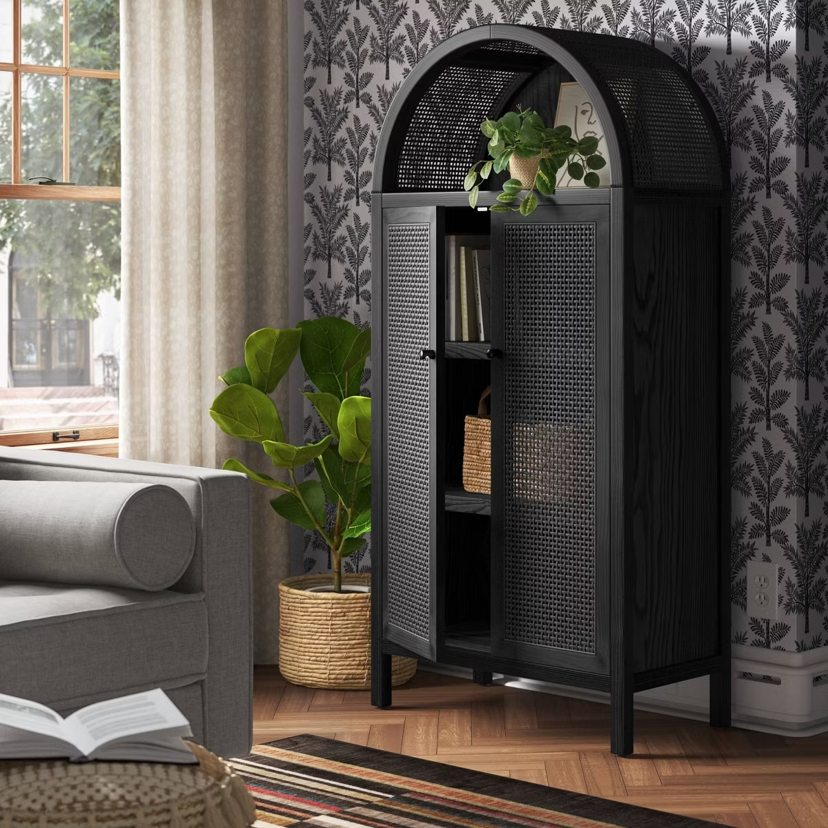 Woven Arched Wood Cabinet Black - Threshold™: 4 Fixed Shelves, Decorative Storage, No Assembly ... | Target