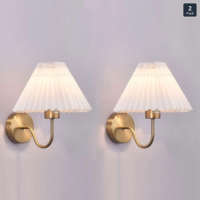 Gold Wall Sconces Sets of 2, Pleated Fabric Wall Lamp Bedside Wall Light Bathroom Dresser Vanity ... | Amazon (US)