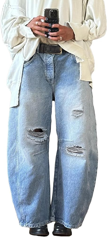 Women's Baggy Ripped Barrel Jeans High Waisted Wide Leg Loose Y2K Boyfriend Distressed Denim Pant... | Amazon (US)