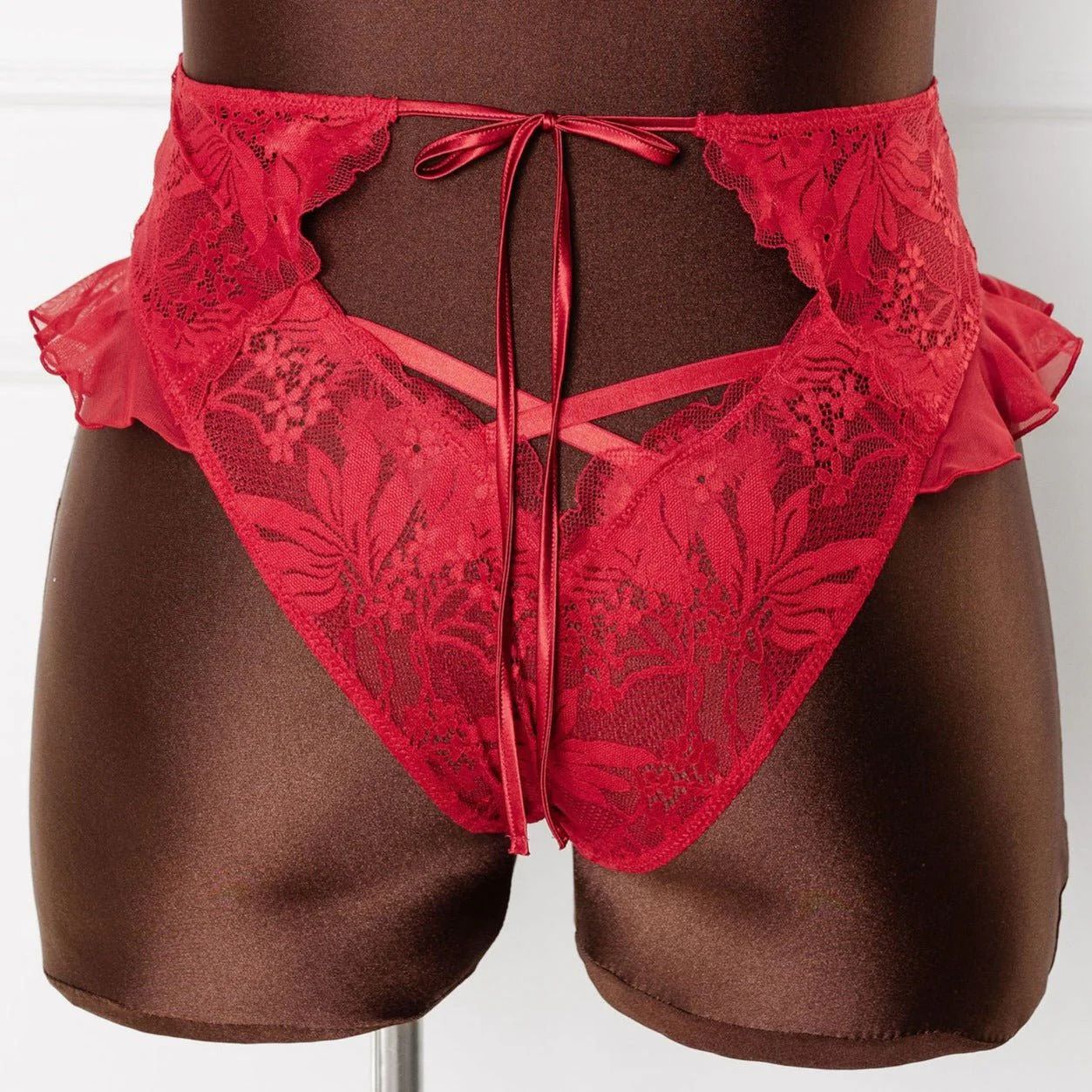 Lacy High Leg Crotchless Panty - Scarlet Red | Mentionables