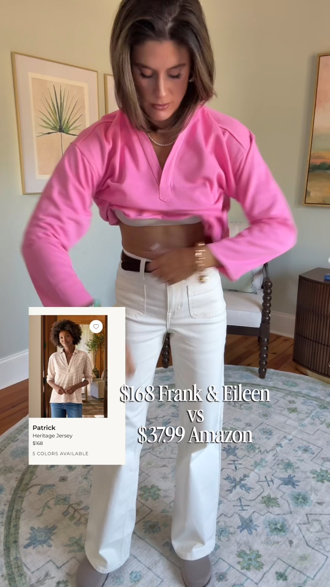 Fabulous look-for-less for a $168 top! I sized up to a medium. My white jeans are from Walmart with limited sizes available. They do have other washes in stock! I sized down one size and am in the long. 