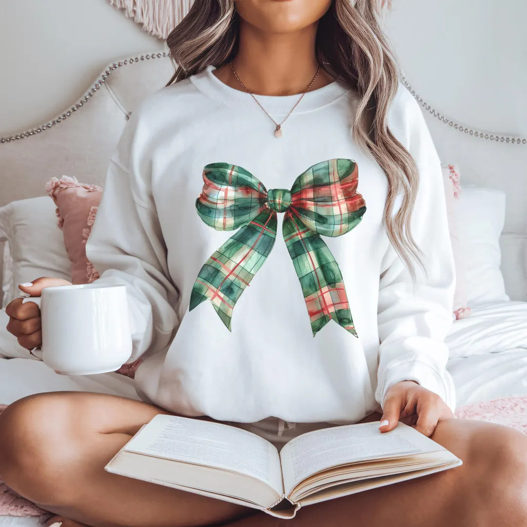 Plaid Coquette Christmas Sweatshirt With Bow, Festive and Cute Holiday Sweater for Women, Preppy ... | Etsy (US)