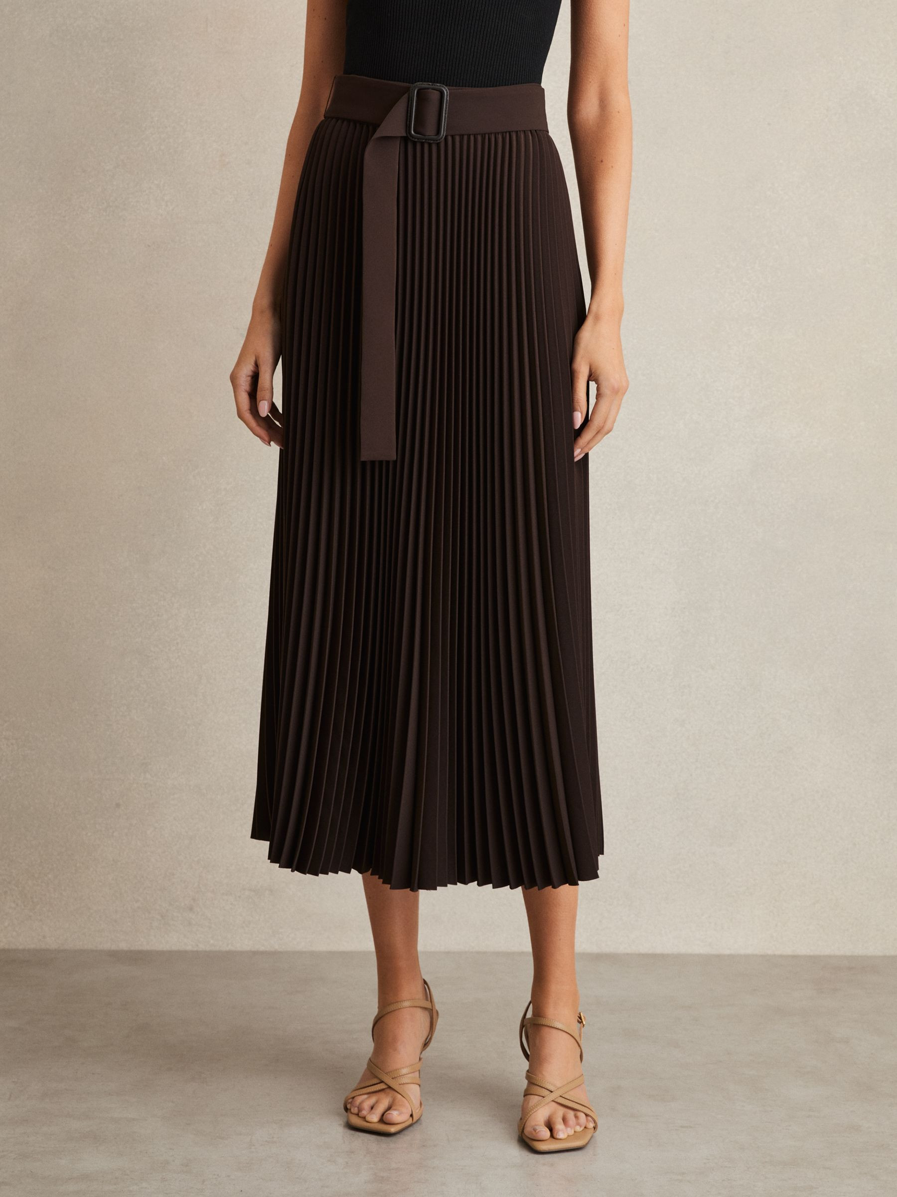 Reiss Pleated Belted Midi Skirt in Chocolate Brown - REISS | Reiss UK