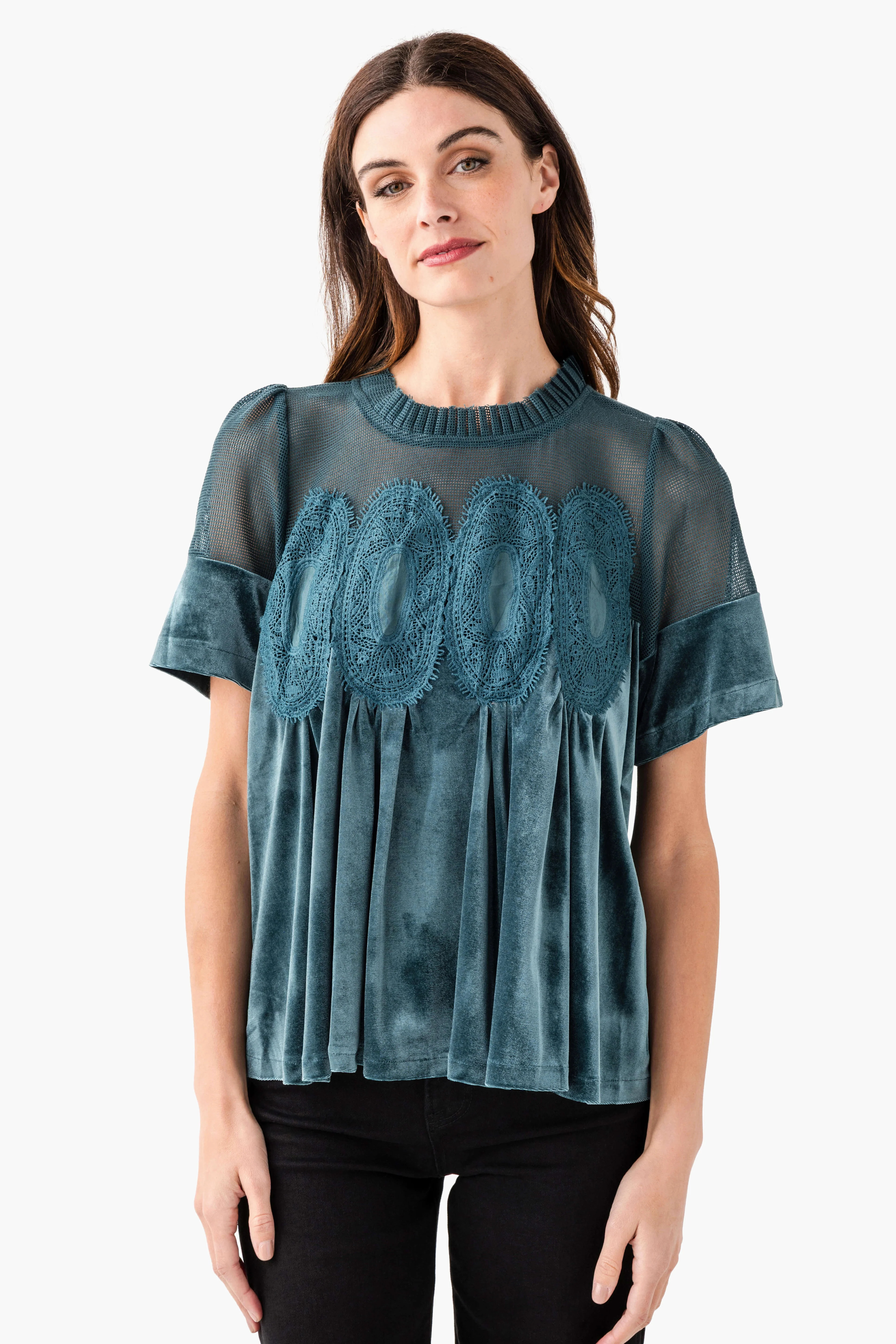 Fate Lace Detail Velvet Babydoll Top | Social Threads