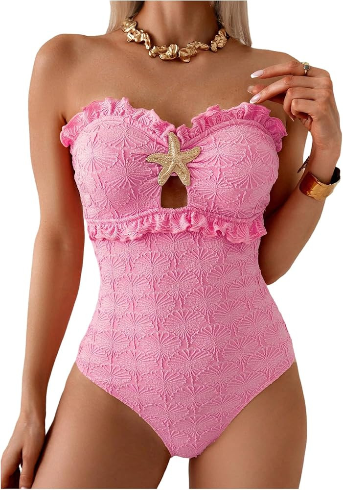 SHENHE Women's Strapless One Piece Swimsuit Ruffle Tummy Control Starfish Beach Bathing Suit | Amazon (US)