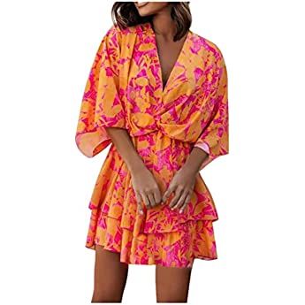 Women's Plus Size Summer Dresses V-Neck Loose Batwing Sleeve Elastic Waist Printed Dress Mini Romper | Amazon (US)