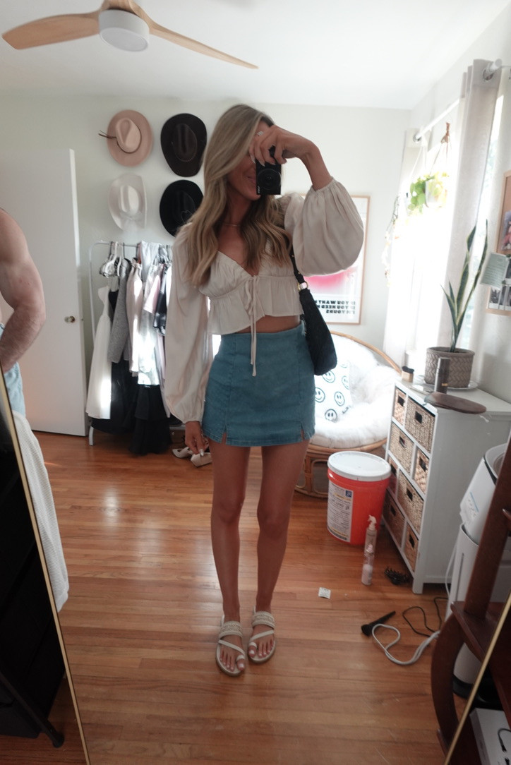 summer outfits lately ☀️ this flowy white top + denim mini skirt combo is giving coastal brunch, vacation dinner, and casual girls night energy 🤍 linked similar items because top and shoes are old but this outfit is too cute not to share 

 #LTKStyleTip #LTKSeasonal #LTKFindsUnder100 #SummerStyle #DenimSkirtOutfit #LTKgrwm #LTKootd #LTKTall