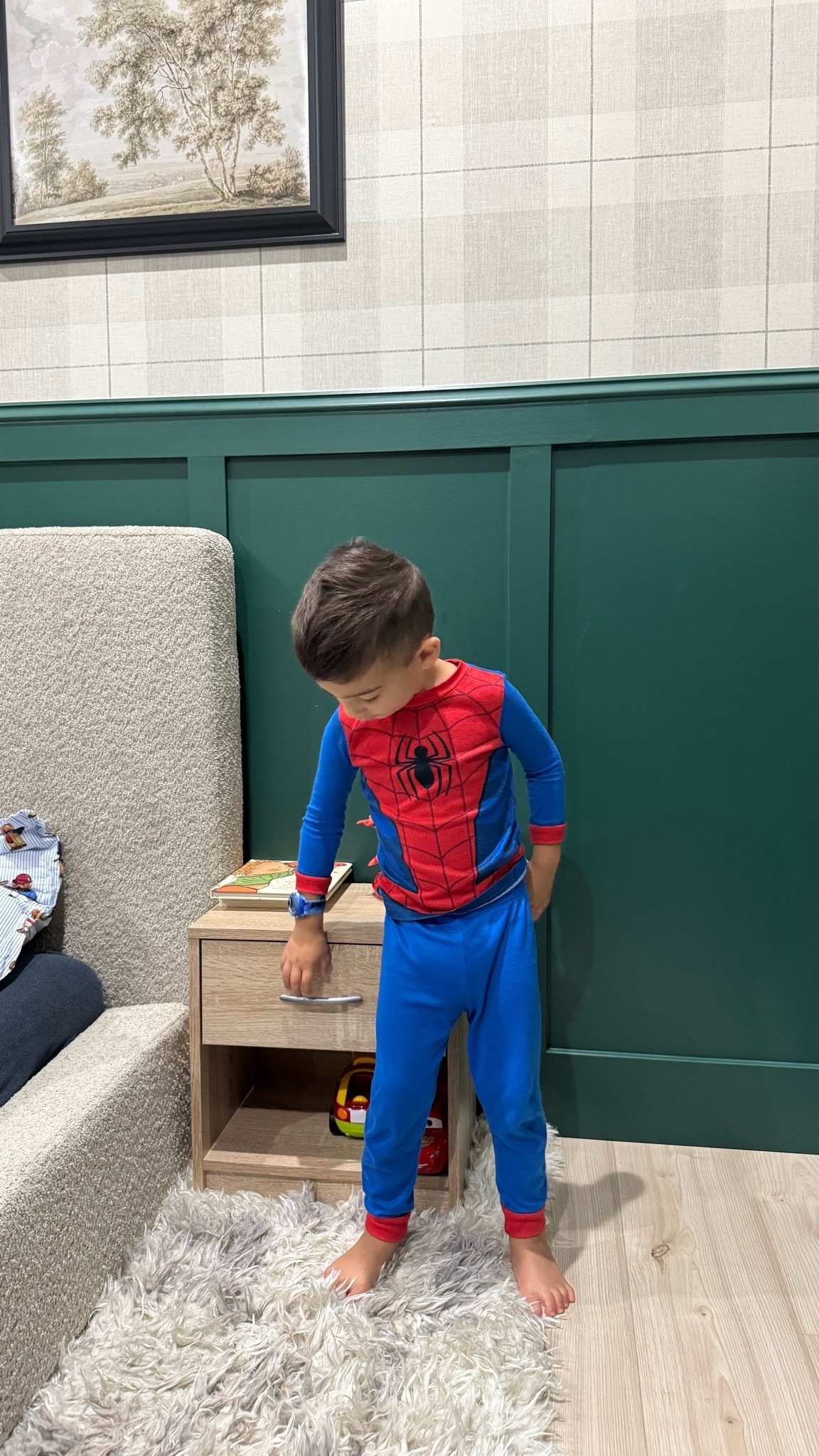 The worlds teenest tiniest nightstand! 
Fair warning it is super cheap and is barely hanging on 😂 but it is super cute and I figured he was gonna try to ruin it anyway.

#LTKmomlife #LTKHome #LTKKids