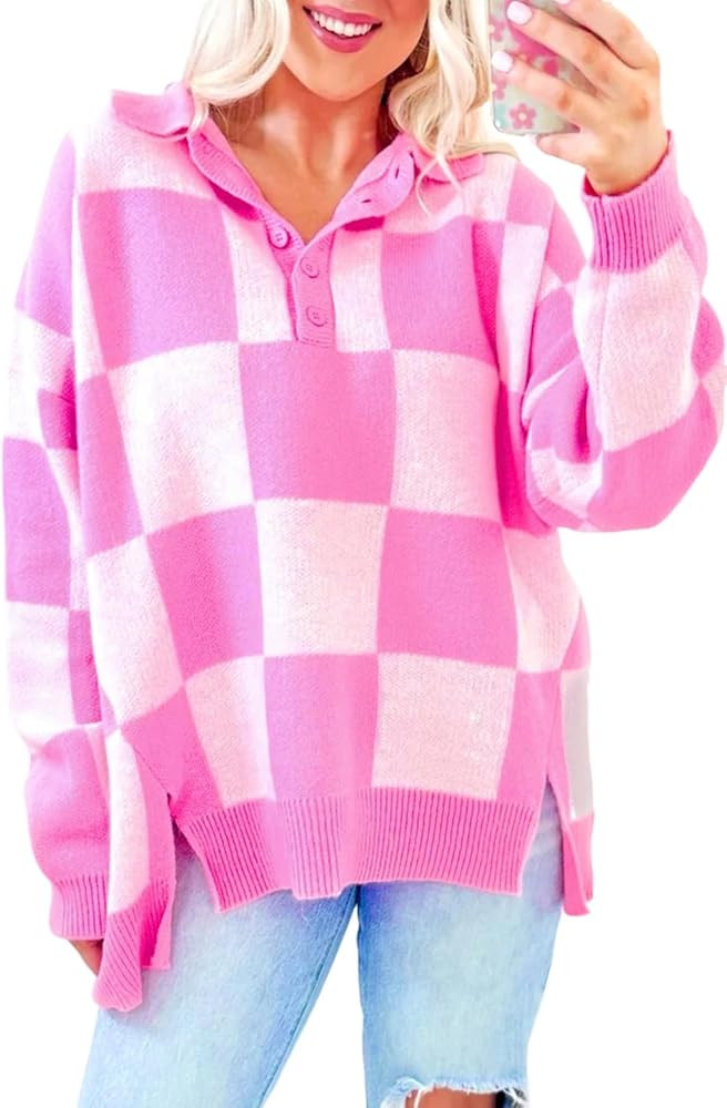 Womens Sweater 2025 Pink Checkerboard Half Button Collared Drop Shoulder Sweater | Amazon (US)