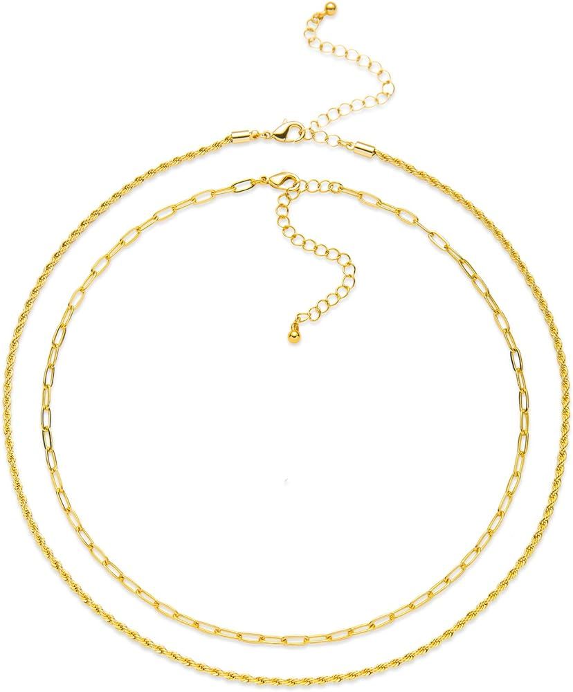 LANE WOODS Gold Chain Set: 14k Gold Plated Layered Dainty Paperclip Rope Chain Necklace Jewelry G... | Amazon (US)