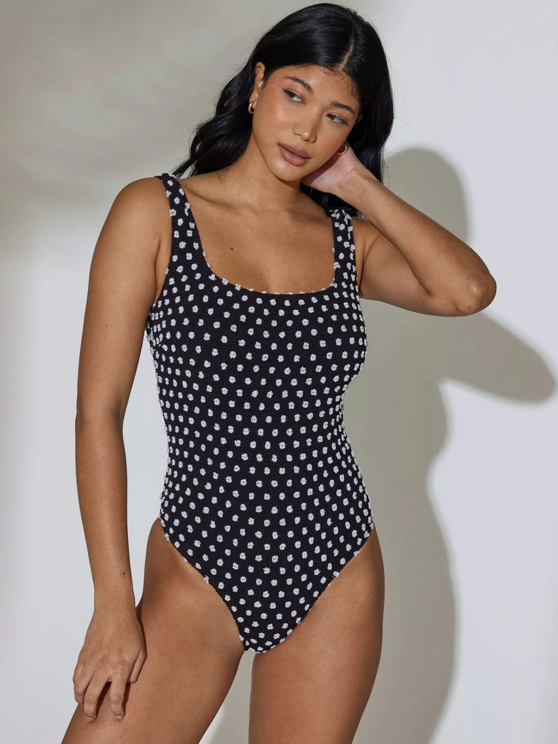 South Beach Textured Polka Dot Tummy Control Swimsuit, Black/White | John Lewis (UK)