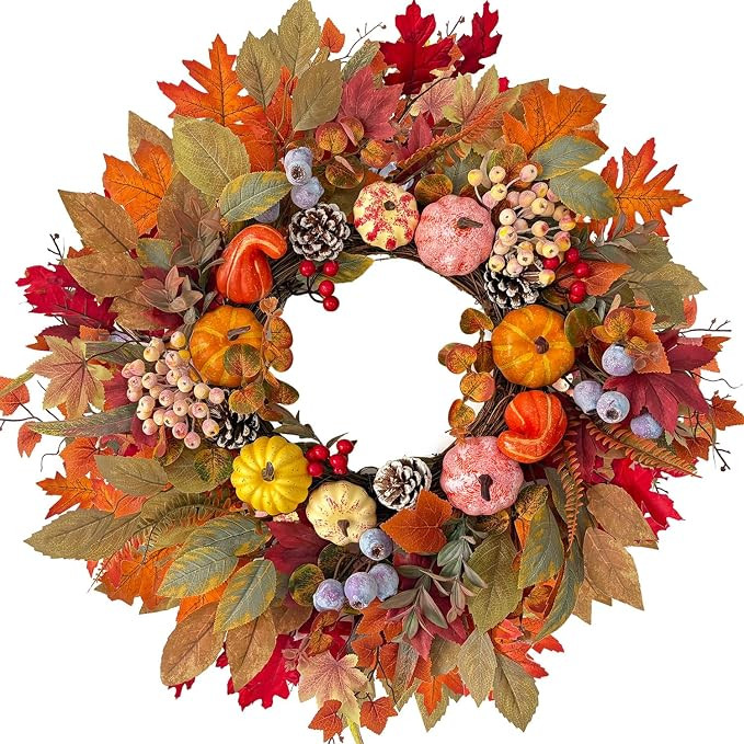 HipTree 24In Fall Wreath Pumpkin Maple Berry Front Door Thanksgiving Decor | Handcrafted Harvest ... | Amazon (US)