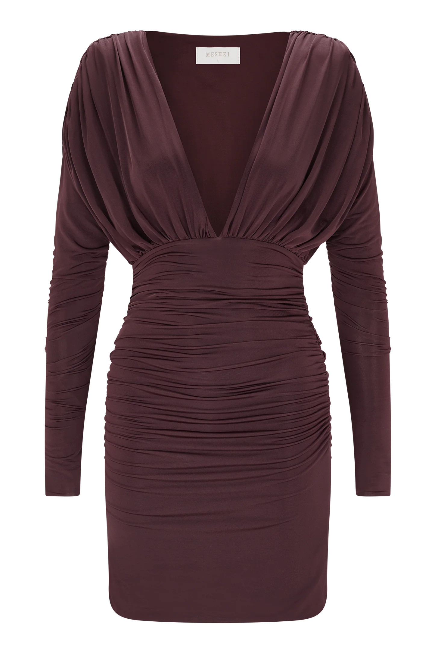 Hayden Long Sleeve Plunge Mini Dress - Burgundy | Meshki UK