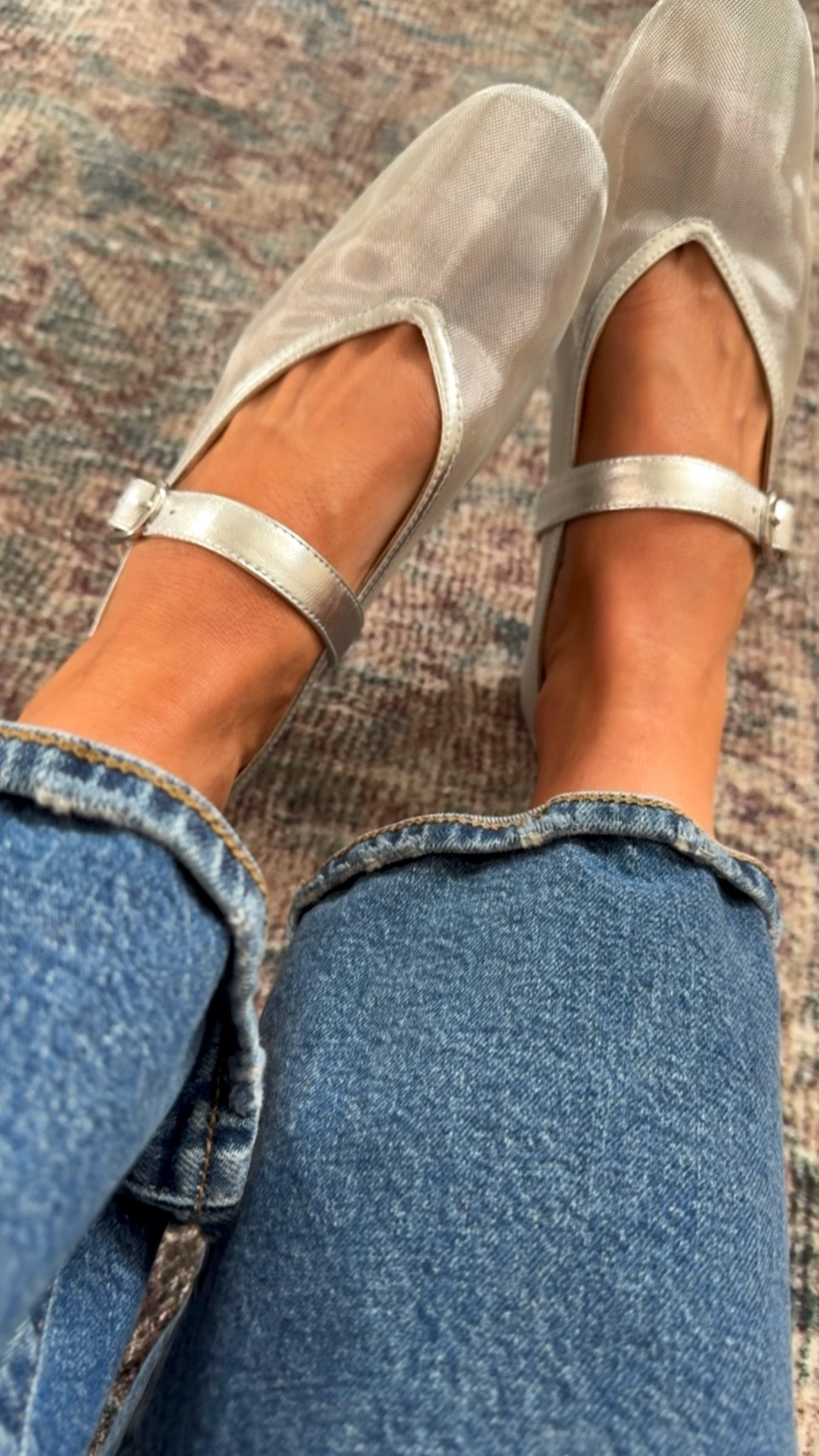 Silver mesh Mary Jane shoes. Spring shoes. 
Shoes TTS. Jeans down 1 size, 24. 

#LTKSeasonal #LTKOver40