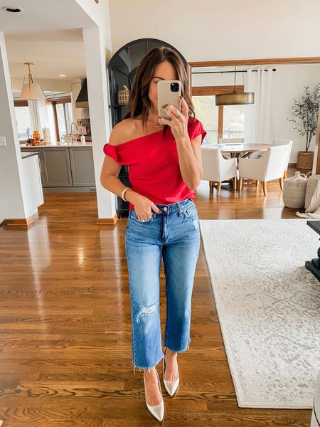 One shoulder satin top. Stunning for a simple Holiday look. 4 colors. 
XS. 
Jeans tts
Heel tts
✨✨Jewelry discount code: twopeasinablog 

#LTKstyletip #LTKover40 #LTKHoliday