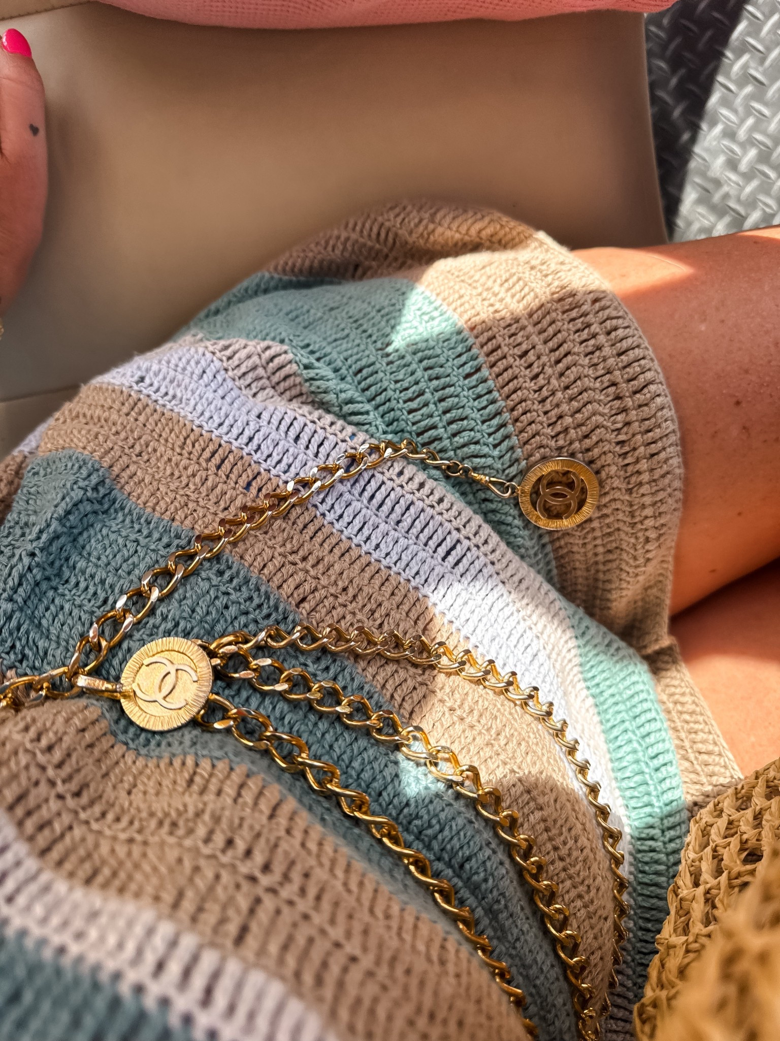 Crochet show me
Your mumu coverup dress for resort vacations 
Beach swimsuit coverups from revolve and vintage gold chain Chanel belt 