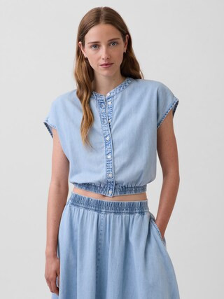 Denim Cap-Sleeve Crop Button-Front Top | Gap (US)