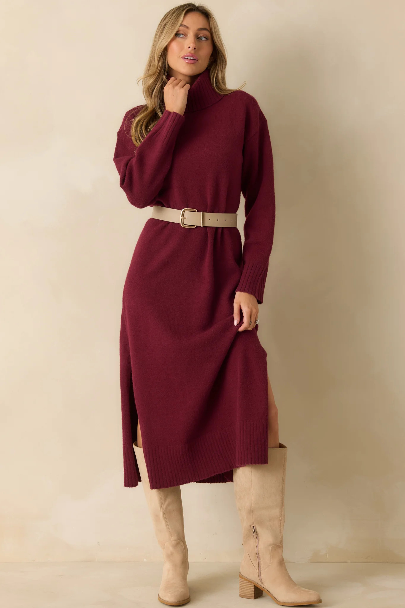 Toasty Thoughts Burgundy Red Knit Turtleneck Sweater Midi Dress | Red Dress